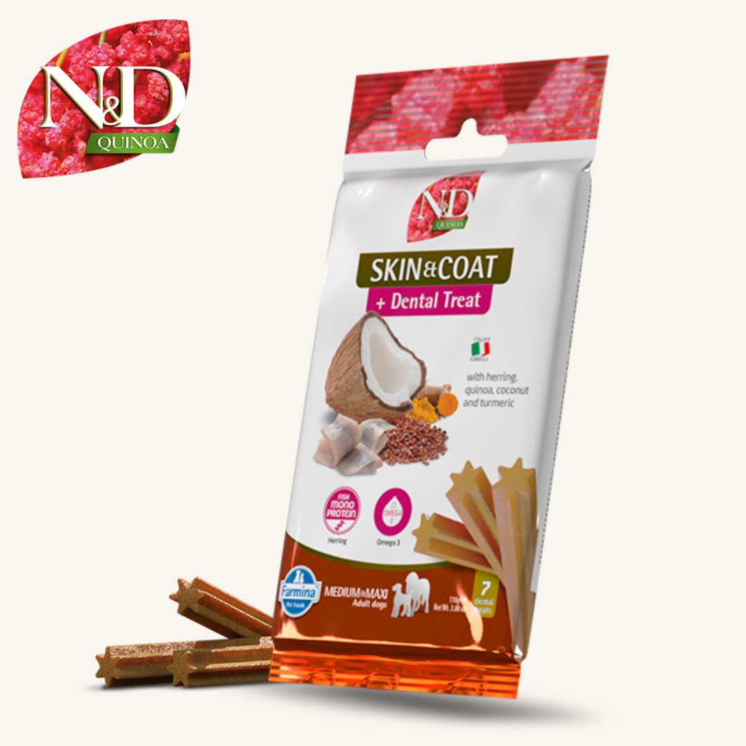 N&D Quinoa ǀ MONOPROTEINSKI MEDIUM & MAXI pasji priboljški - KOŽA & DLAKA (sled) 100 g