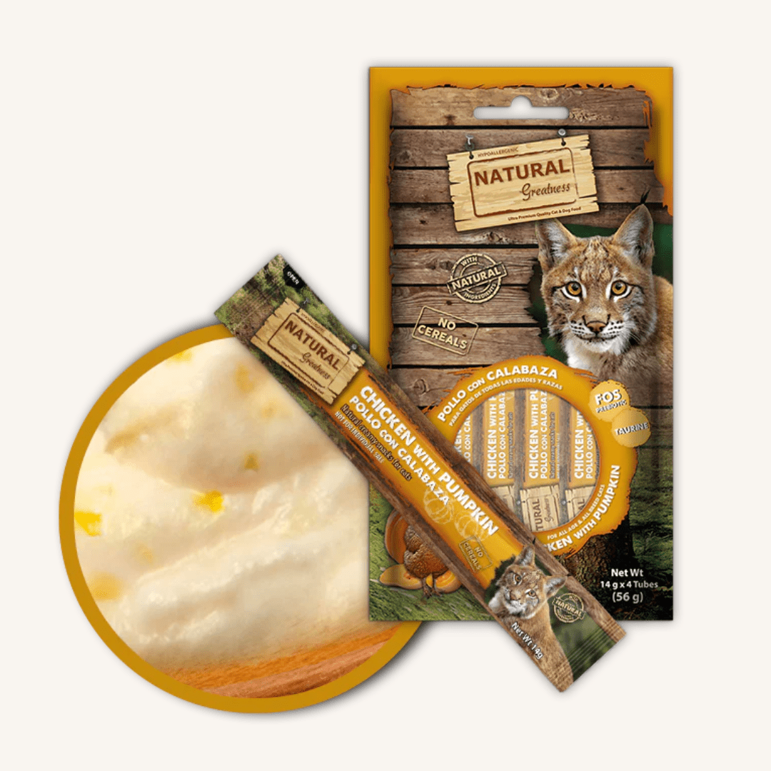 Natural Greatness ǀ mačji kremni priboljšek - PIŠČANEC & BUČA 4x14 g od Natural Greatness | Na voljo pri Forapet