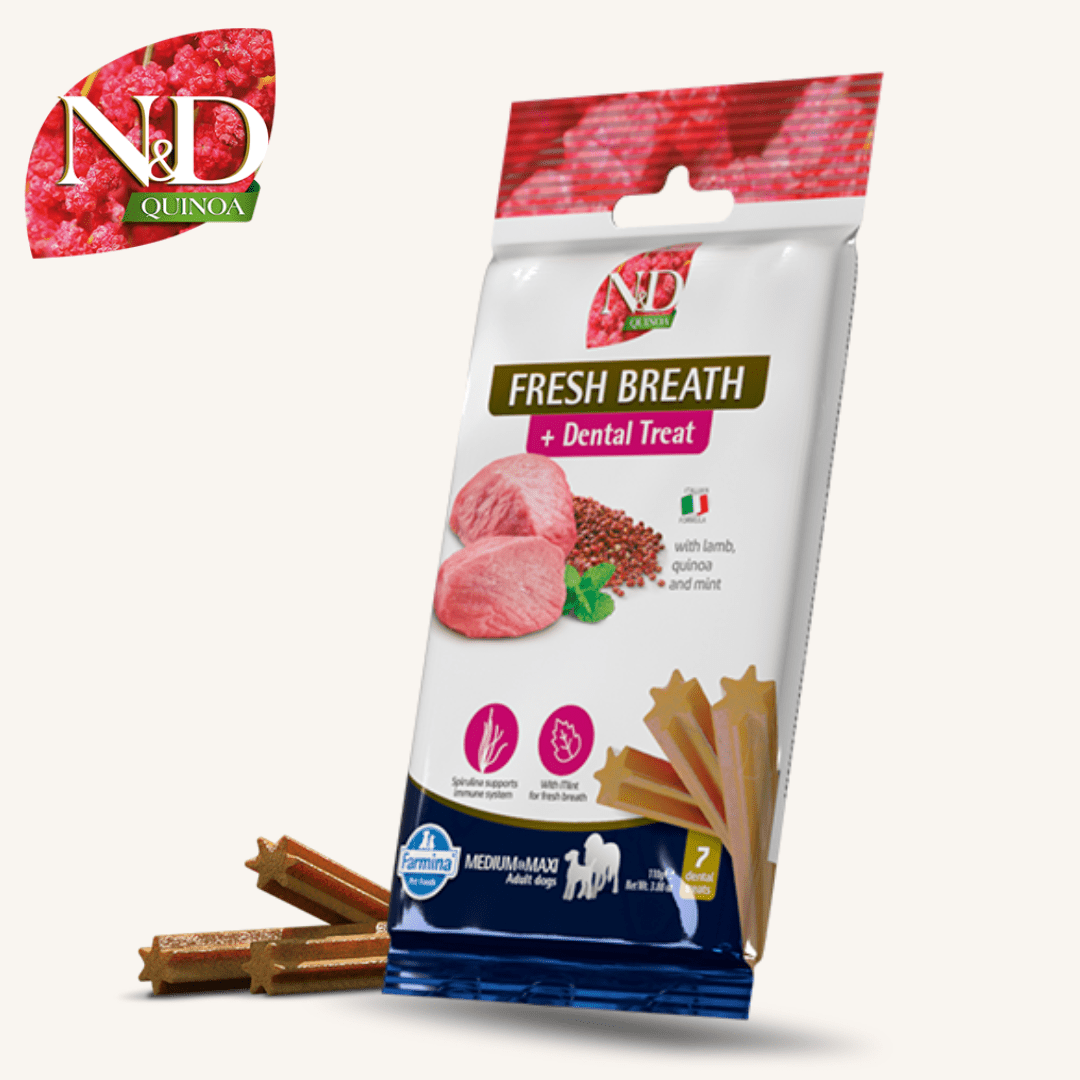 N&D Quinoa ǀ MEDIUM & MAXI pasji priboljški - SVEŽ ZADAH (jagnjetina) 100 g od N&D Quinoa I Farmina | Na voljo pri Forapet