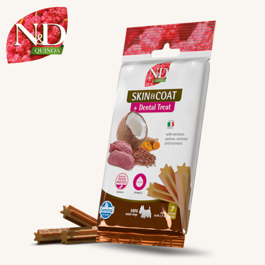 N&D Quinoa ǀ MONOPROTEINSKI MINI pasji priboljški - KOŽA & DLAKA (divjačina) 60 g od N&D Quinoa I Farmina | Na voljo pri Forapet