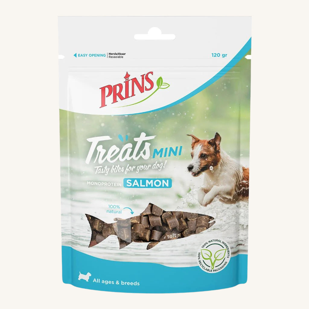 Prins ǀ MONOPROTEINSKI MINI pasji priboljški - LOSOS 120 g od Prins | Na voljo pri Forapet