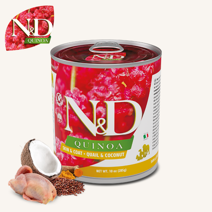 N&D Quinoa ǀ pasja mokra hrana - PREPELICA (podpora koži & dlaki) 285 g