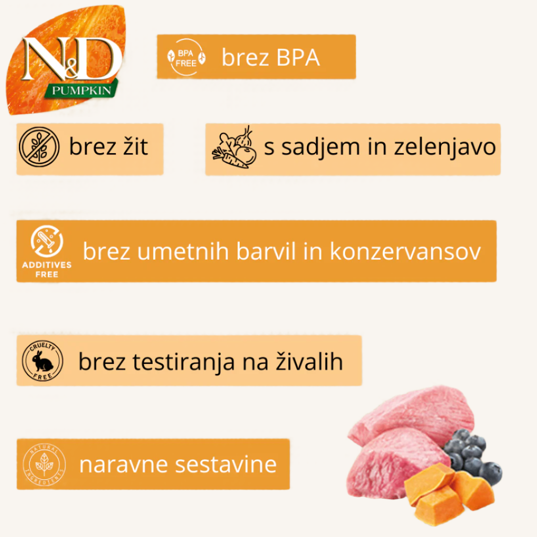 DONACIJA N&D Pumpkin ǀ PUPPY MINI pasja mokra hrana - JAGNJETINA 140 g od Farmina | Na voljo pri Forapet