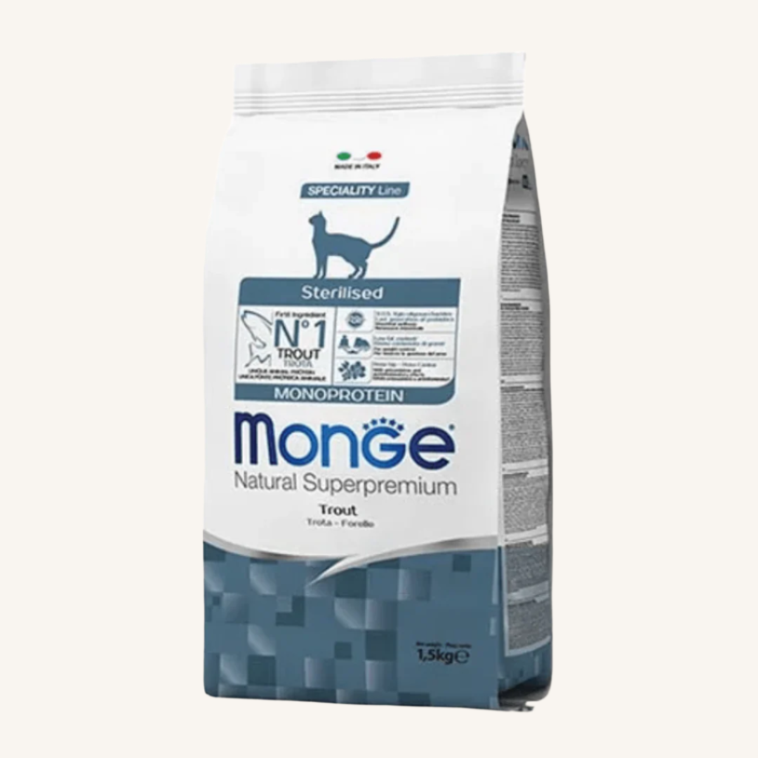 Monge ǀ MONOPROTEINSKI STERILISED mačji briketi - POSTRV od Monge | Na voljo pri Forapet