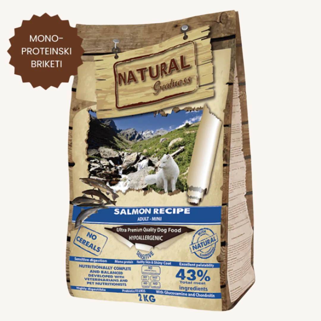 Natural Greatness ǀ MINI ADULT pasji briketi - OBČUTLJIVA KOŽA (losos) od Natural Greatness | Na voljo pri Forapet