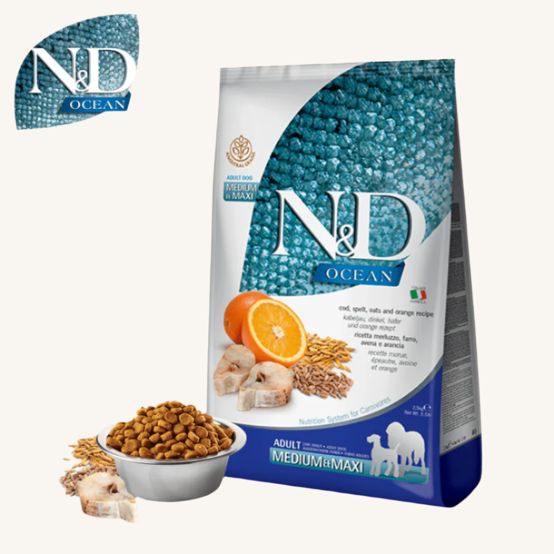 N&D Ocean ǀ MEDIUM & MAXI pasji briketi - POLENOVKA, PIRA, POMARANČA od N&D Ocean I Farmina | Na voljo pri Forapet