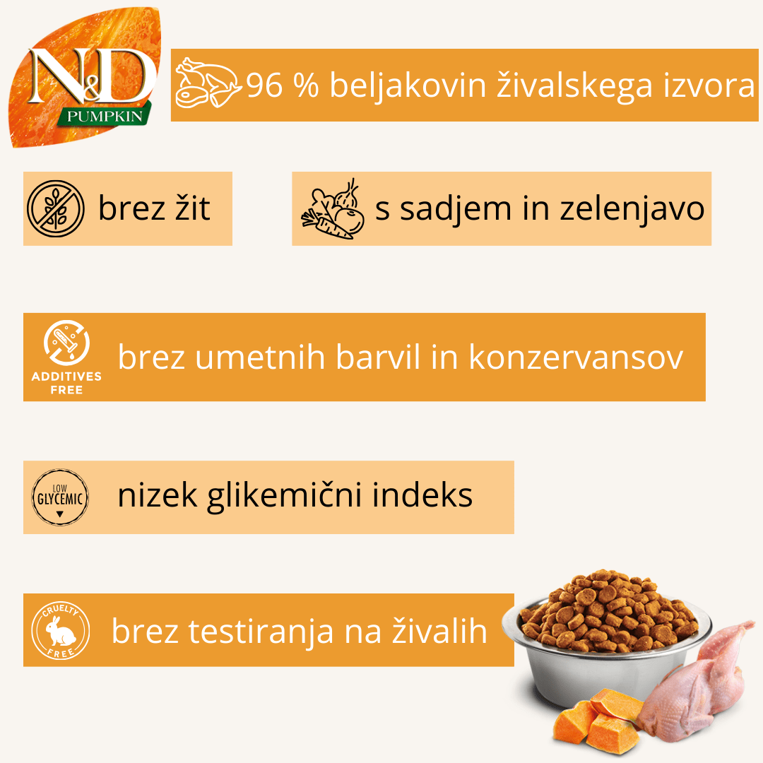 N&D Pumpkin ǀ MEDIUM & MAXI pasji briketi - PREPELICA 12 kg od N&D Pumpkin I Farmina | Na voljo pri Forapet