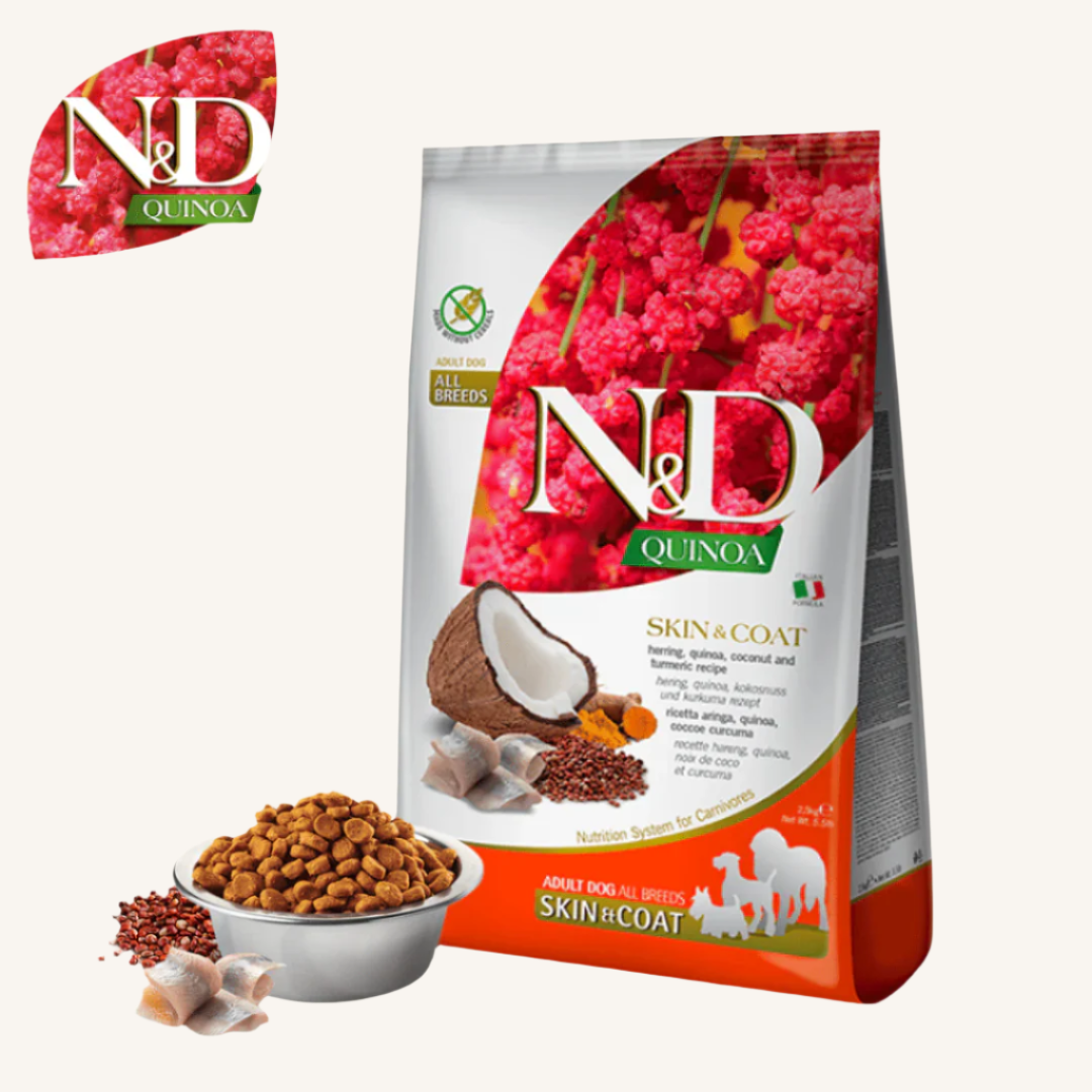 N&D Quinoa ǀ ALL SIZES pasji briketi - OBČUTLJIVA KOŽA (sled) od N&D Quinoa I Farmina | Na voljo pri Forapet